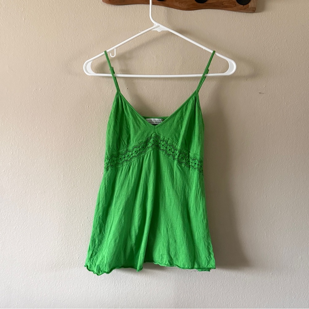 Zara Vintage Y2K Green Crochet Lace Babydoll Empire Waist V Neck Tank Top Size
